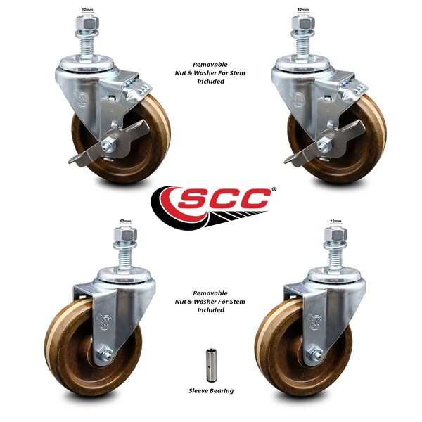 Service Caster 4 Inch High Temp Phenolic Wheel Swivel 12mm Threaded Stem Caster Brake, 2PK SCC-TS20S414-PHSHT-M1215-2-TLB-2 - main